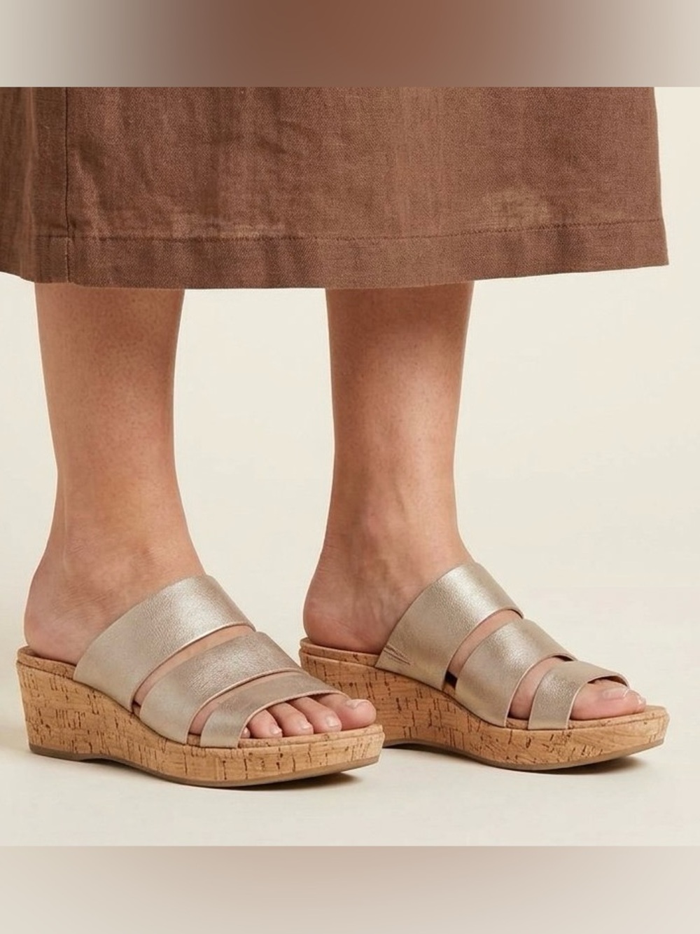 Kork-Ease Menzie Gold Metallic Leather Cork Wedge Slide Sandals Sz 10 EXCELLENT